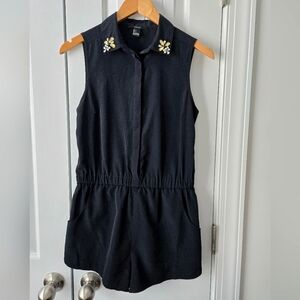 Black Sleeveless Romper with Beaded Collar